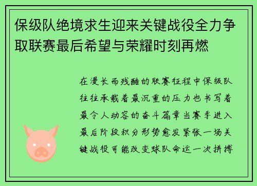 保级队绝境求生迎来关键战役全力争取联赛最后希望与荣耀时刻再燃